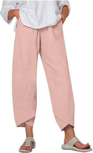 Women's Cotton Linen Capri Pants Soft Casual Loose Fit Workout Sweatpants Trousers with Pockets Summer Lounge Pants