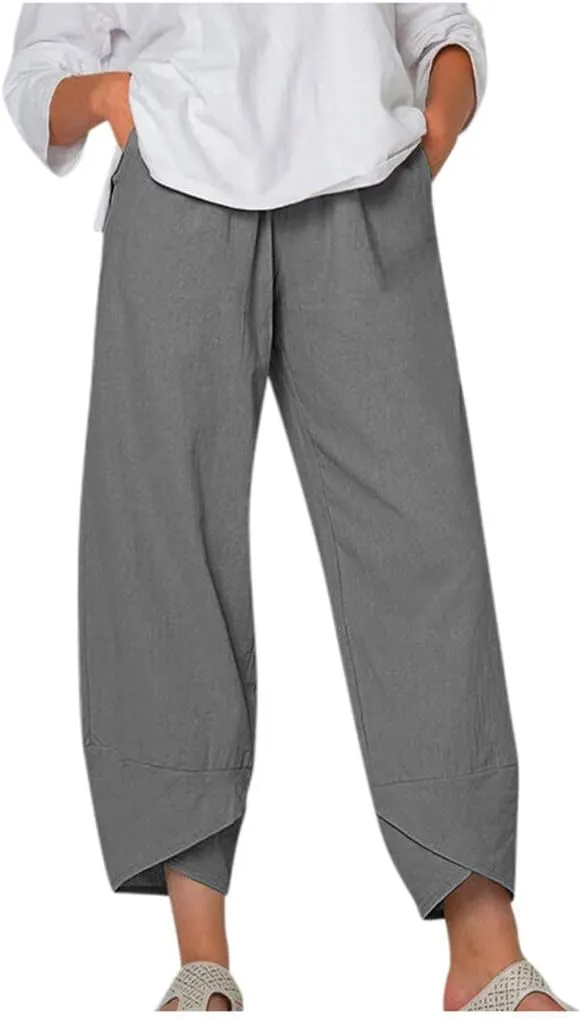 Women's Cotton Linen Capri Pants Soft Casual Loose Fit Workout Sweatpants Trousers with Pockets Summer Lounge Pants