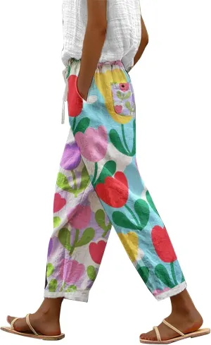 Womens Cotton Linen Casual Long High Waisted Pants Cool Feel Soft Tapered Vacation Lounge Trousers with Pockets