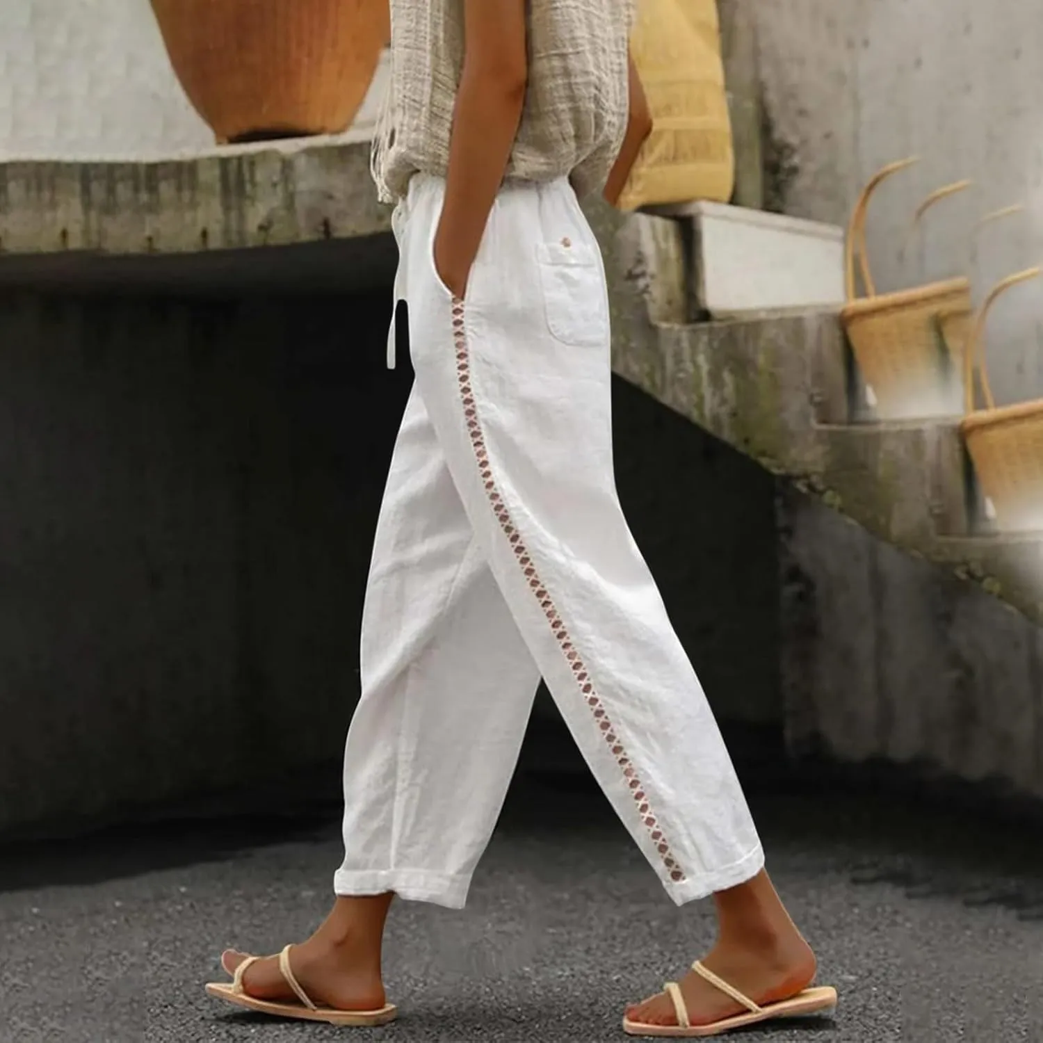 Womens Cotton Linen Casual Long High Waisted Pants Cool Feel Soft Tapered Vacation Lounge Trousers with Pockets