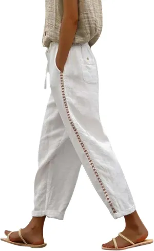Womens Cotton Linen Casual Long High Waisted Pants Cool Feel Soft Tapered Vacation Lounge Trousers with Pockets