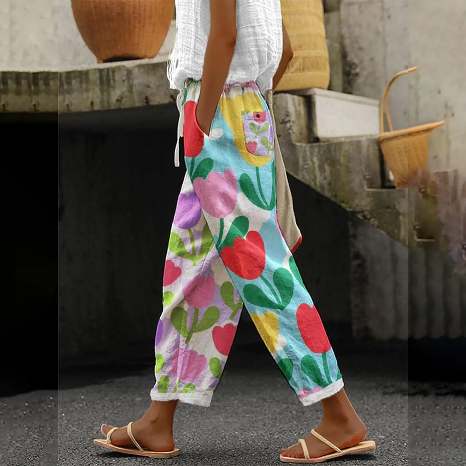 Womens Cotton Linen Casual Long High Waisted Pants Cool Feel Soft Tapered Vacation Lounge Trousers with Pockets