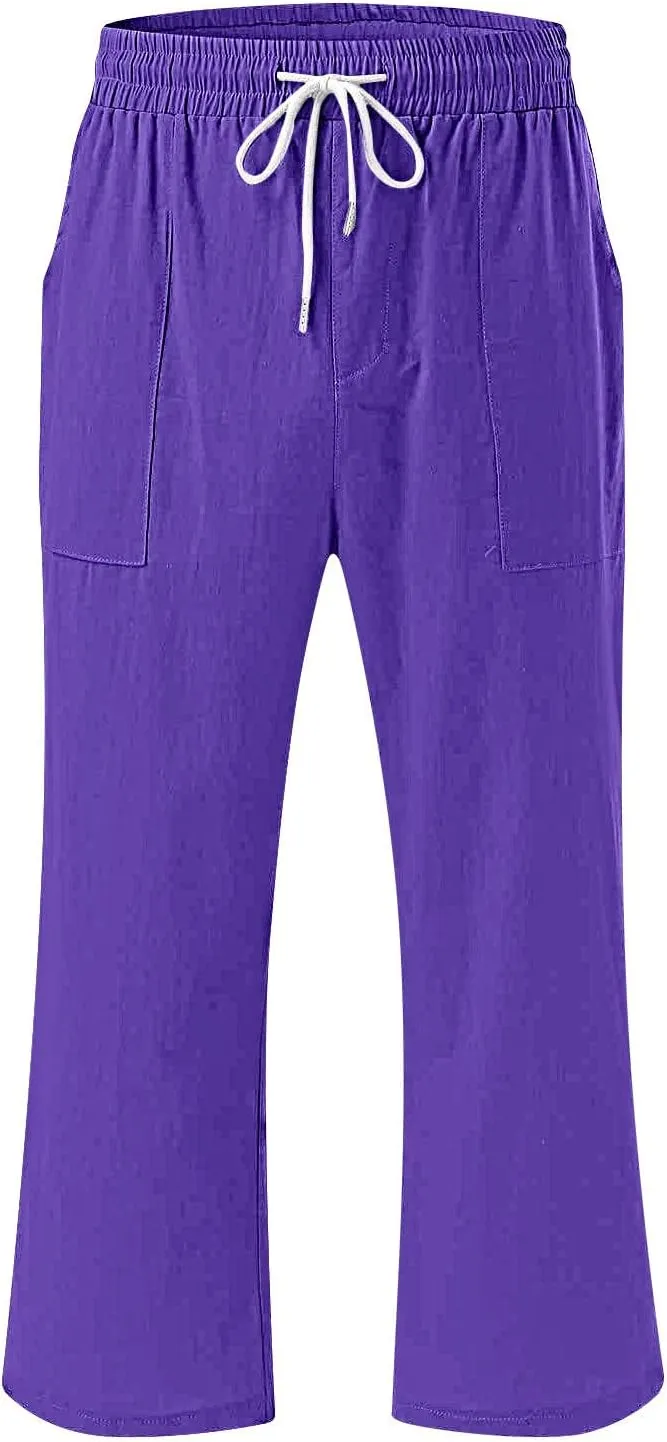 Women's Cropped Trousers Cotton and Linen High Waist Drawstring Double Pocket Summer Casual Soft Holiday Pants