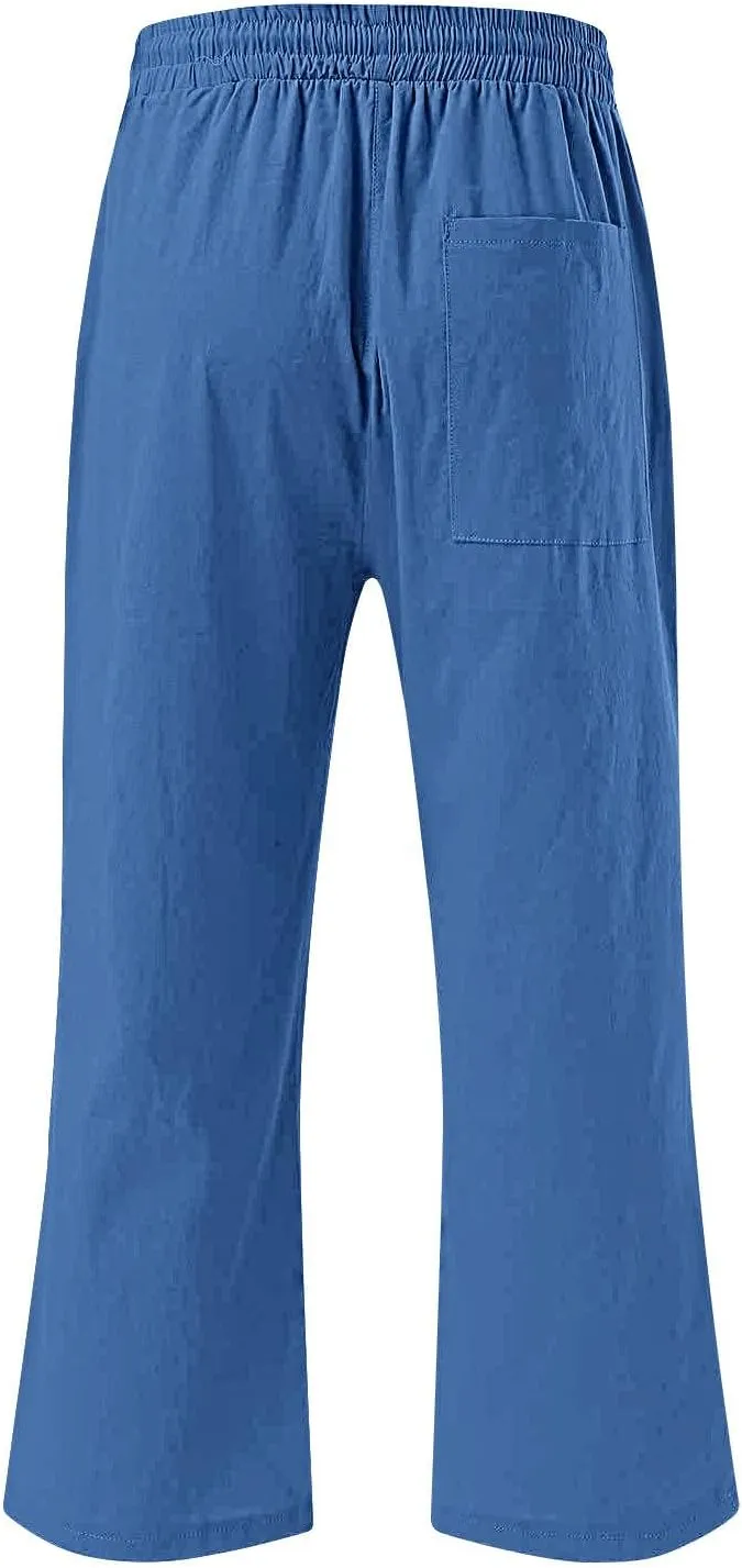Women's Cropped Trousers Cotton and Linen High Waist Drawstring Double Pocket Summer Casual Soft Holiday Pants