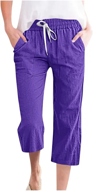 Women's Cropped Trousers Cotton and Linen High Waist Drawstring Double Pocket Summer Casual Soft Holiday Pants