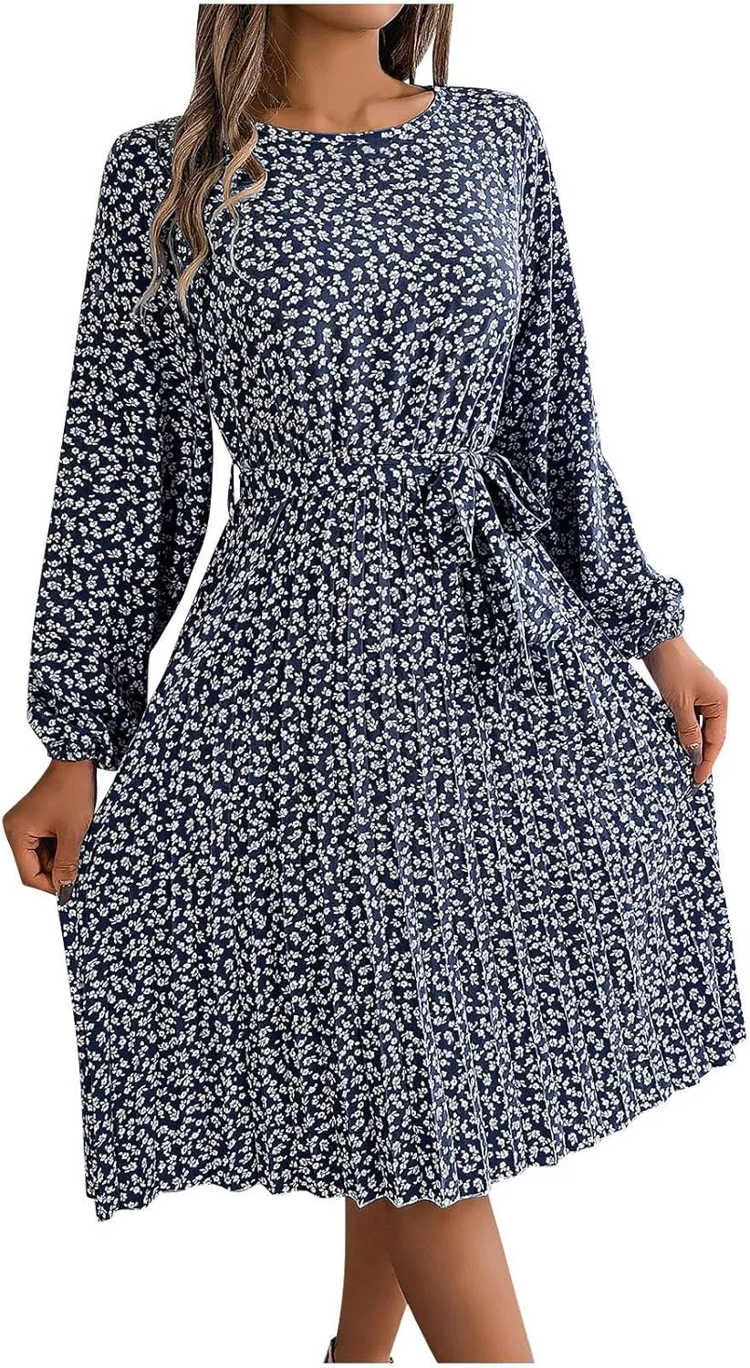 Womens Fall Dresses 2024 Plus Size Elegant Swiss Dot Long Sleeve Dress Flowy Swing Hem Elastic Waist Midi Dress