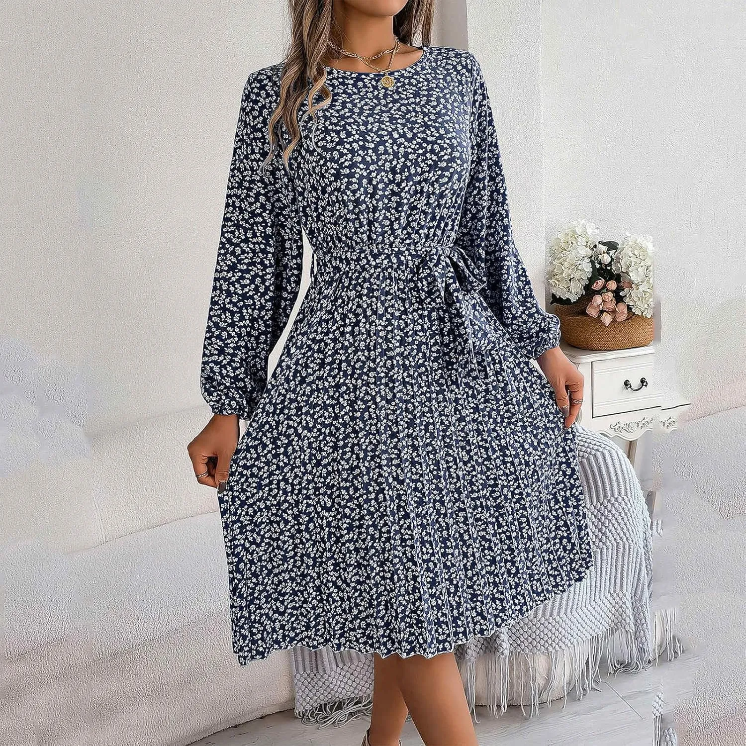 Womens Fall Dresses 2024 Plus Size Elegant Swiss Dot Long Sleeve Dress Flowy Swing Hem Elastic Waist Midi Dress