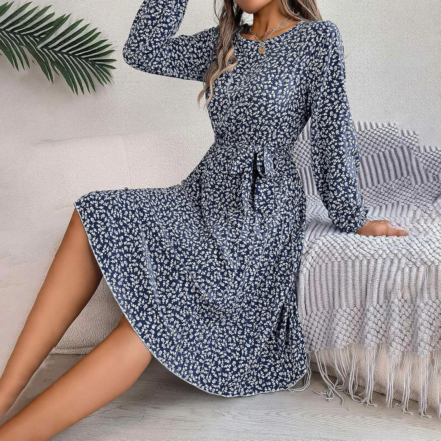 Womens Fall Dresses 2024 Plus Size Elegant Swiss Dot Long Sleeve Dress Flowy Swing Hem Elastic Waist Midi Dress
