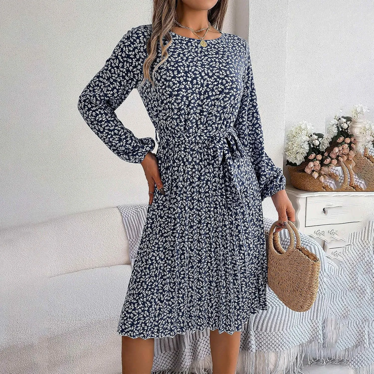 Womens Fall Dresses 2024 Plus Size Elegant Swiss Dot Long Sleeve Dress Flowy Swing Hem Elastic Waist Midi Dress