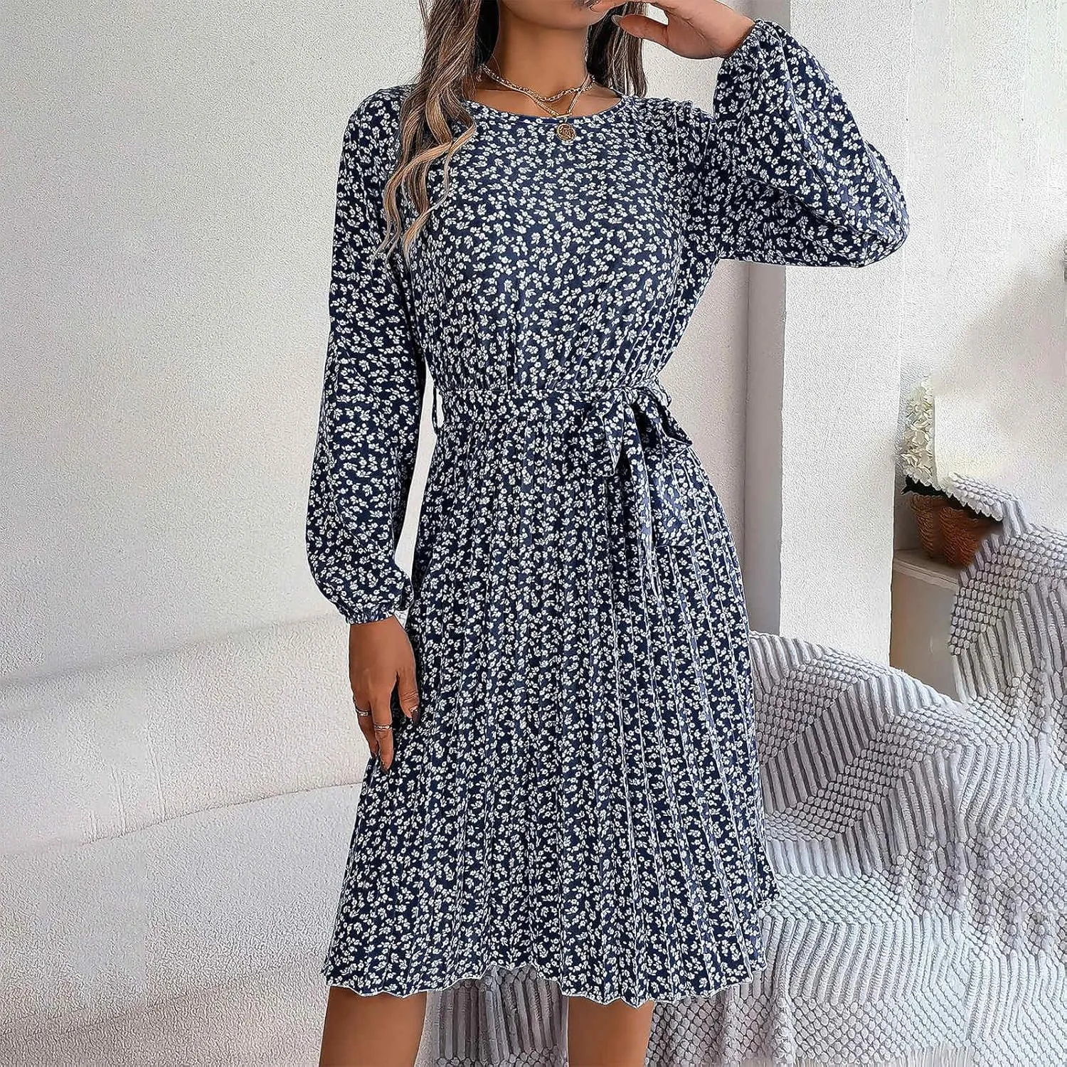 Womens Fall Dresses 2024 Plus Size Elegant Swiss Dot Long Sleeve Dress Flowy Swing Hem Elastic Waist Midi Dress