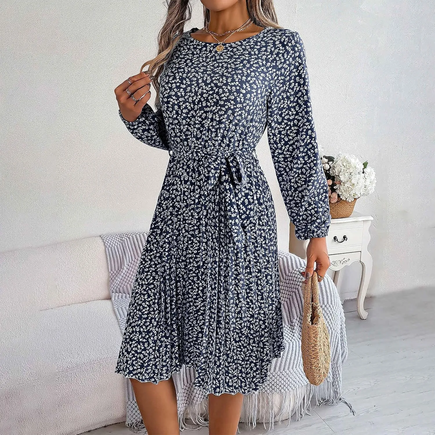 Womens Fall Dresses 2024 Plus Size Elegant Swiss Dot Long Sleeve Dress Flowy Swing Hem Elastic Waist Midi Dress