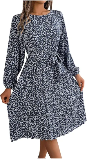 Womens Fall Dresses 2024 Plus Size Elegant Swiss Dot Long Sleeve Dress Flowy Swing Hem Elastic Waist Midi Dress