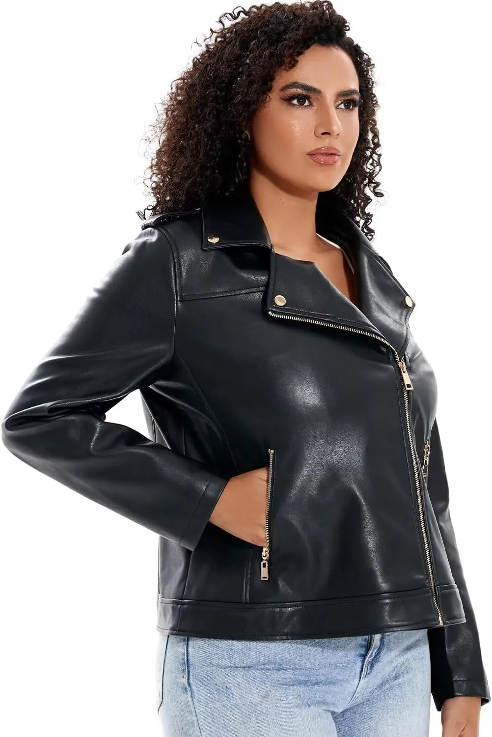Women's Faux Leather Jacket Plus Size Motorcycle Biker Outwear Pu Zip Up Moto Coat