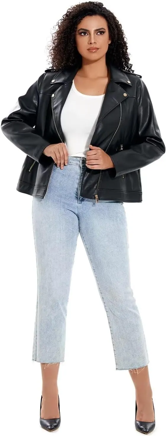 Women's Faux Leather Jacket Plus Size Motorcycle Biker Outwear Pu Zip Up Moto Coat