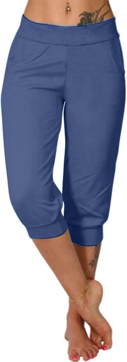 Womens Leggings High Waist Capri Pants Casual Comfy Yoga Corp Trousers Exercise Workout Soft Capris with Pockets