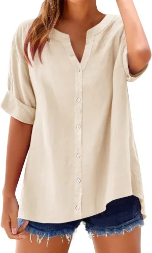 Womens Linen Button Down Shirts Summer 2025 Roll up Sleeve Oversized Boyfriend Solid Tops Casual Dressy Blouses