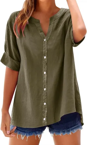 Womens Linen Button Down Shirts Summer 2025 Roll up Sleeve Oversized Boyfriend Solid Tops Casual Dressy Blouses