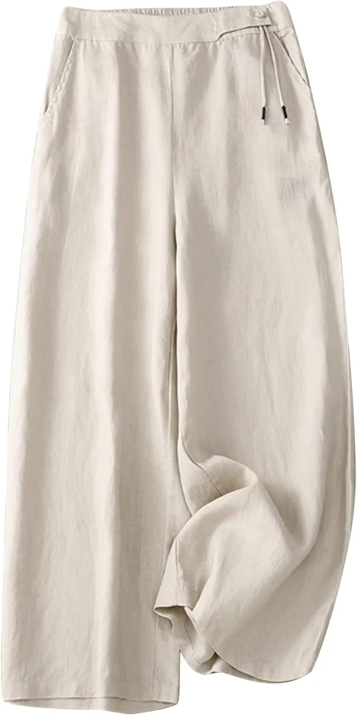 Womens Linen Cropped Pants 2025 Summer Trendy Casual Elastic Waist Jogger Pants Cotton Soft Work Trouser with Pocket