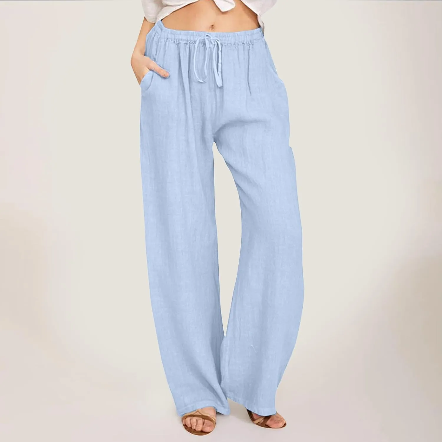 Womens Linen Palazzo Pants Casual Summer Casual Vacation High Waist Wide Leg Trousers Lounge Soft Slacks with Pockets