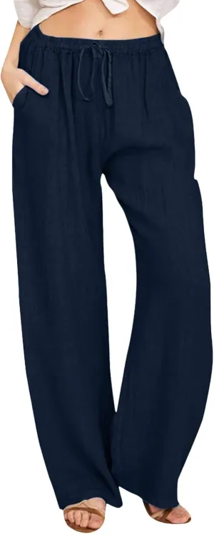 Womens Linen Palazzo Pants Casual Summer Casual Vacation High Waist Wide Leg Trousers Lounge Soft Slacks with Pockets