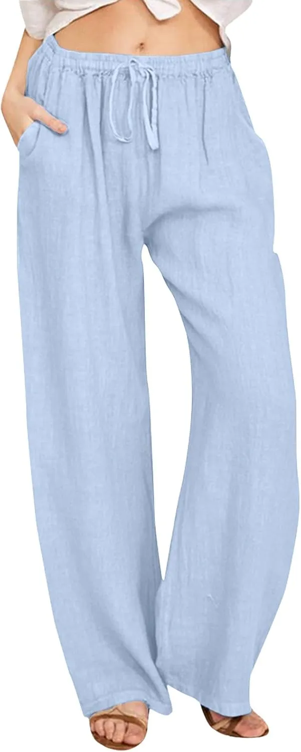 Womens Linen Palazzo Pants Casual Summer Casual Vacation High Waist Wide Leg Trousers Lounge Soft Slacks with Pockets