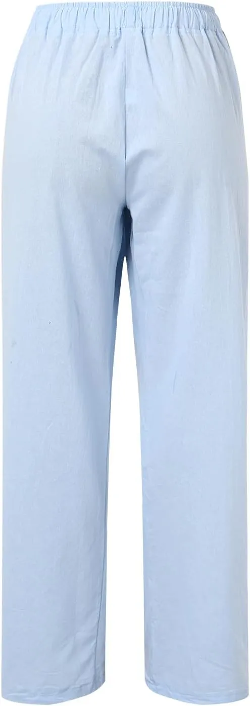 Womens Linen Palazzo Pants Casual Summer Casual Vacation High Waist Wide Leg Trousers Lounge Soft Slacks with Pockets