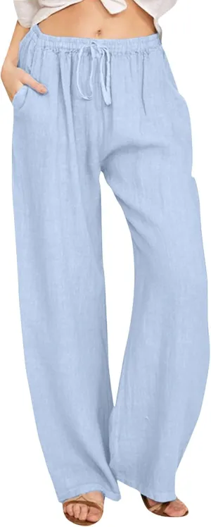Womens Linen Palazzo Pants Casual Summer Casual Vacation High Waist Wide Leg Trousers Lounge Soft Slacks with Pockets