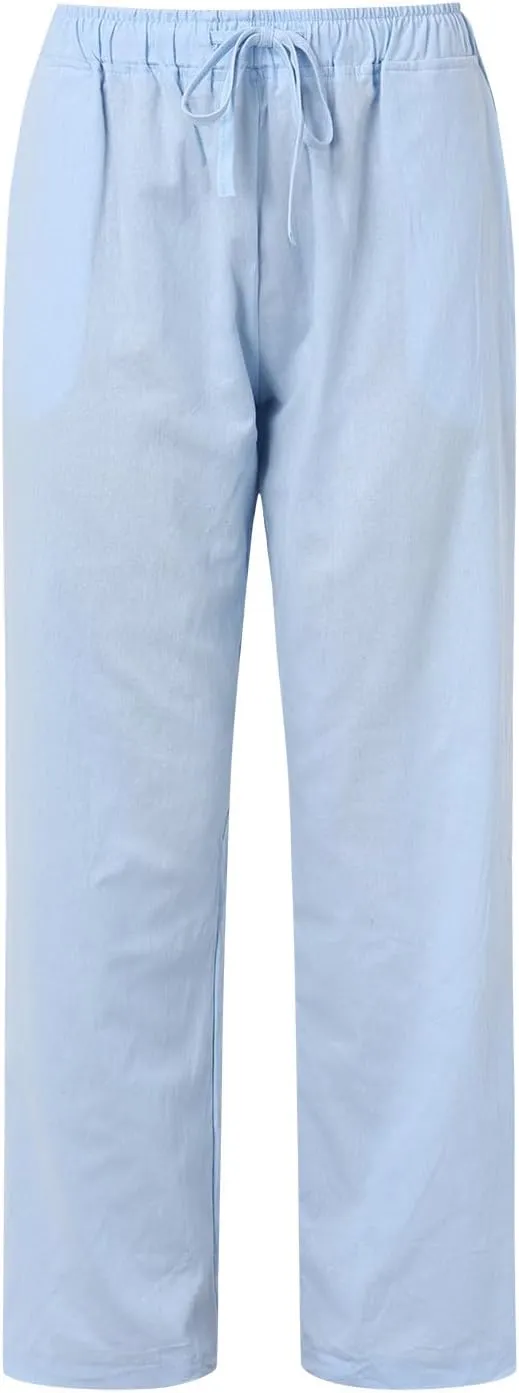 Womens Linen Palazzo Pants Casual Summer Casual Vacation High Waist Wide Leg Trousers Lounge Soft Slacks with Pockets