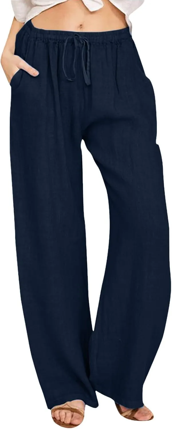 Womens Linen Palazzo Pants Casual Summer Casual Vacation High Waist Wide Leg Trousers Lounge Soft Slacks with Pockets