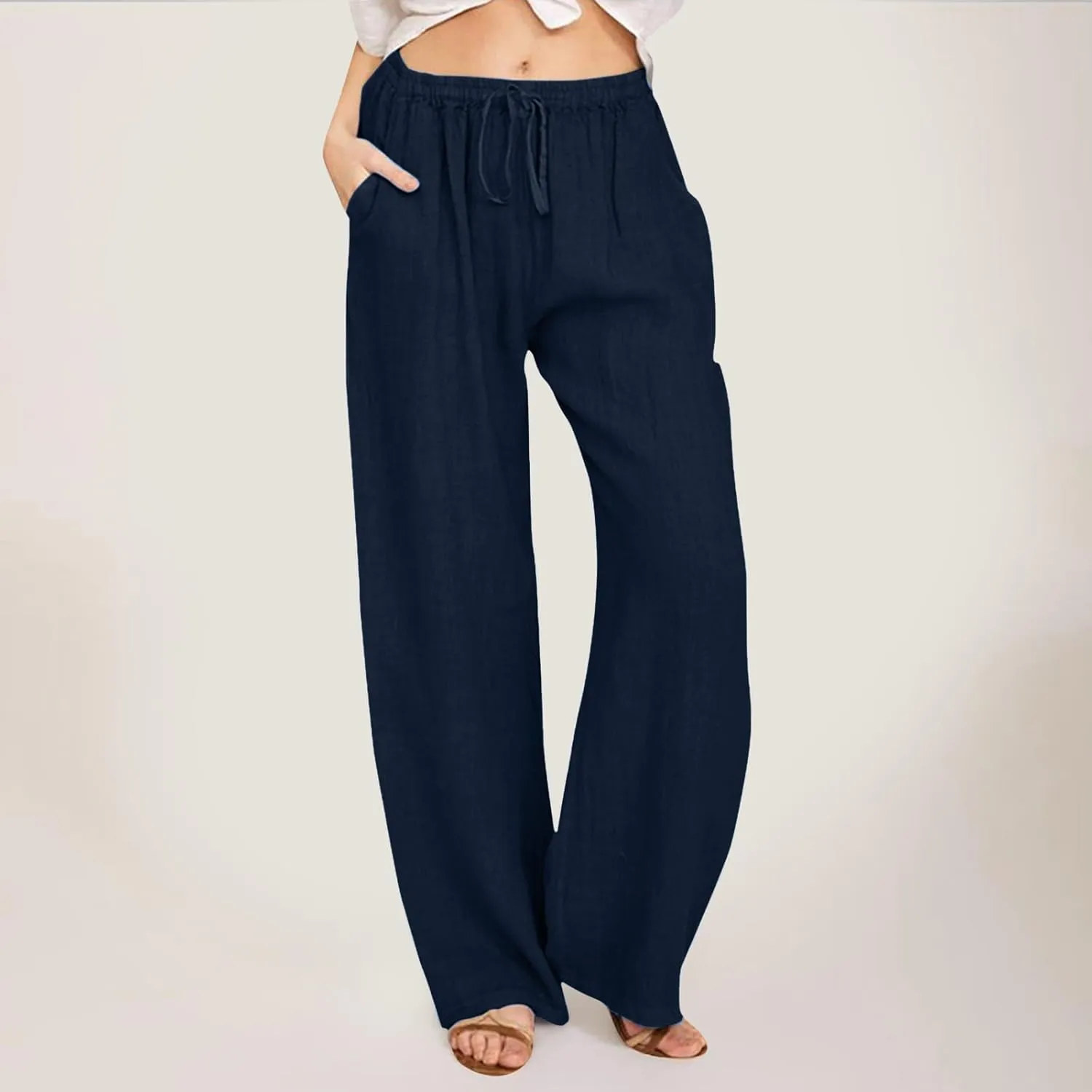 Womens Linen Palazzo Pants Casual Summer Casual Vacation High Waist Wide Leg Trousers Lounge Soft Slacks with Pockets