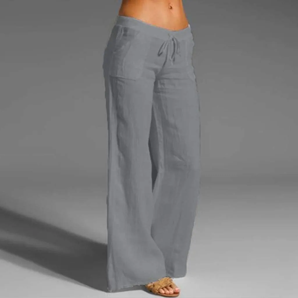 Womens Low-Rise Flowy Linen Pants Summer Beach Relax Fit Sweatpants Aesthetic Drawstring Bootcut Trousers with Pockets