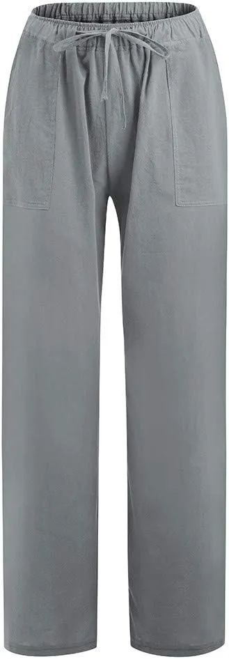 Womens Low-Rise Flowy Linen Pants Summer Beach Relax Fit Sweatpants Aesthetic Drawstring Bootcut Trousers with Pockets