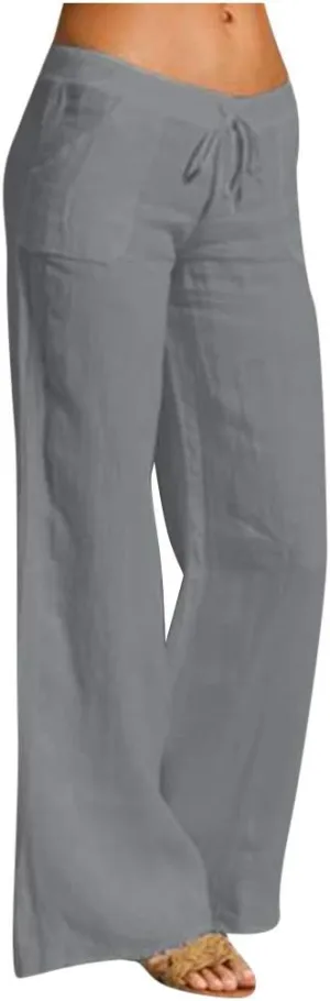 Womens Low-Rise Flowy Linen Pants Summer Beach Relax Fit Sweatpants Aesthetic Drawstring Bootcut Trousers with Pockets
