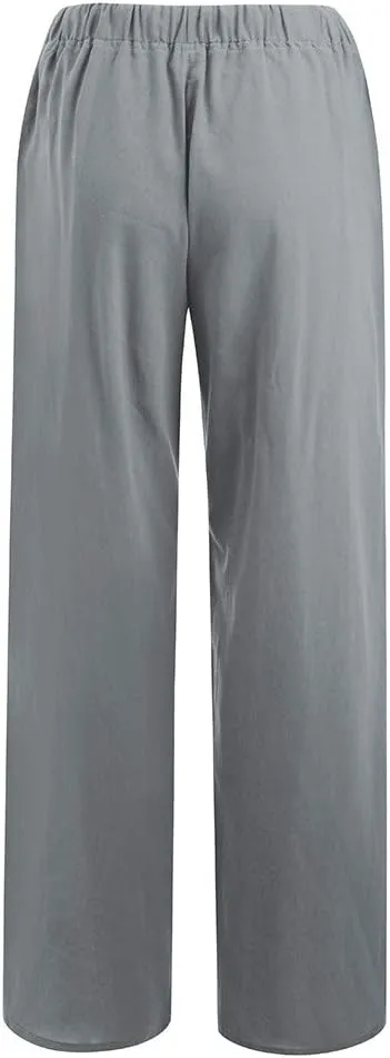 Womens Low-Rise Flowy Linen Pants Summer Beach Relax Fit Sweatpants Aesthetic Drawstring Bootcut Trousers with Pockets