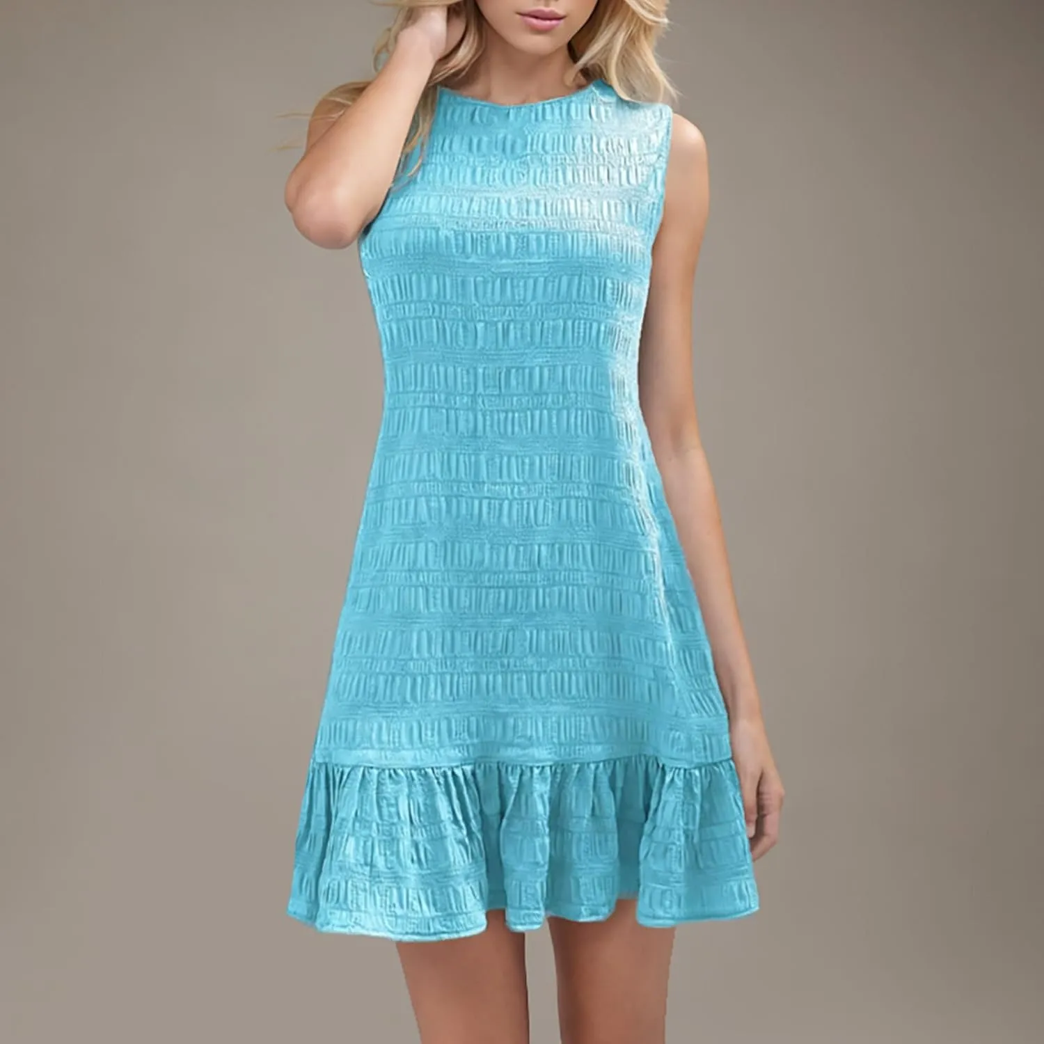 Women's Ruffle Hem Sleeveless Tank Dress Round Neck Casual Smock Summer Mini Dresses Ruffle Hem Sundress Casual Mini Dresses