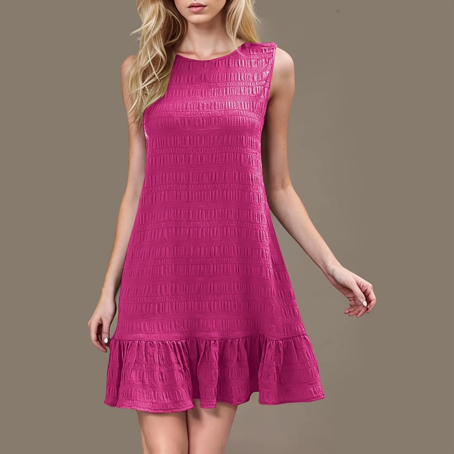 Women's Ruffle Hem Sleeveless Tank Dress Round Neck Casual Smock Summer Mini Dresses Ruffle Hem Sundress Casual Mini Dresses