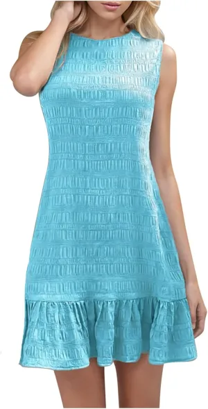 Women's Ruffle Hem Sleeveless Tank Dress Round Neck Casual Smock Summer Mini Dresses Ruffle Hem Sundress Casual Mini Dresses