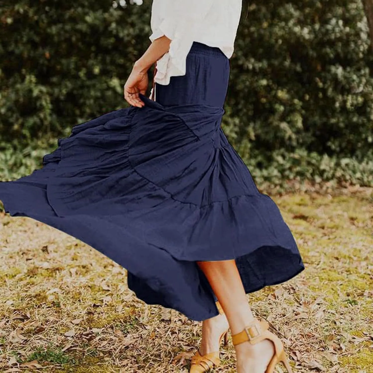 Women's Summer Flowy Boho Maxi Skirt Trendy Drawstring Elastic High Waist Pleated Tiered A Line Beach Long Skirts