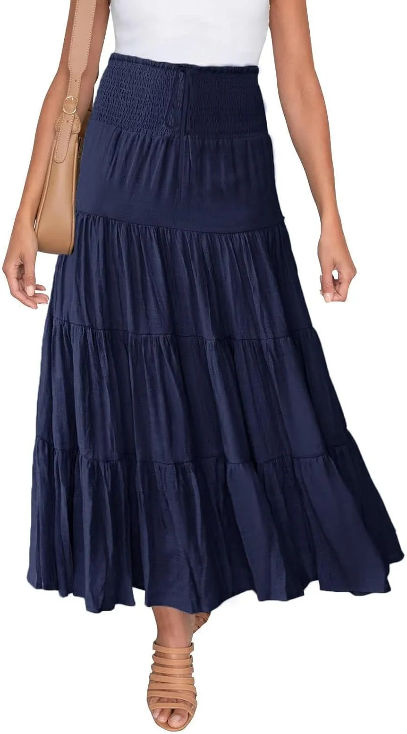 Women's Summer Flowy Boho Maxi Skirt Trendy Drawstring Elastic High Waist Pleated Tiered A Line Beach Long Skirts