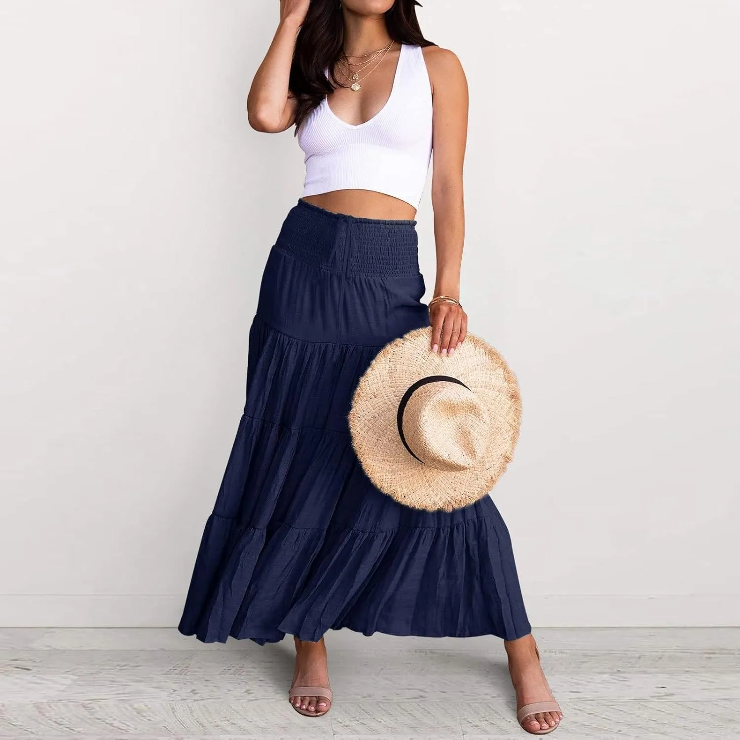 Women's Summer Flowy Boho Maxi Skirt Trendy Drawstring Elastic High Waist Pleated Tiered A Line Beach Long Skirts