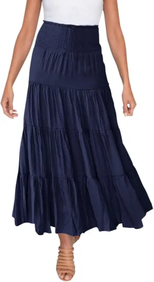 Women's Summer Flowy Boho Maxi Skirt Trendy Drawstring Elastic High Waist Pleated Tiered A Line Beach Long Skirts