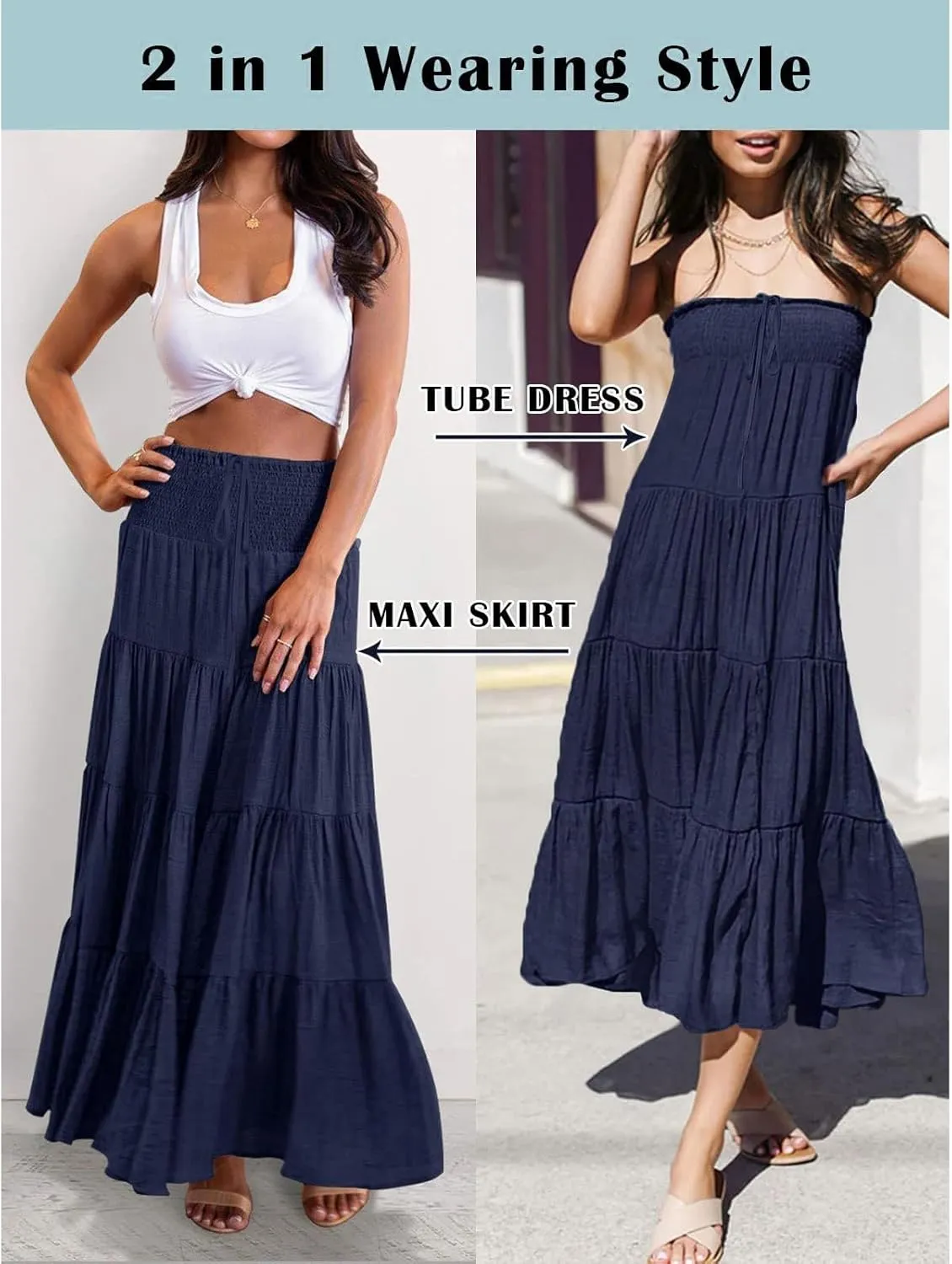 Women's Summer Flowy Boho Maxi Skirt Trendy Drawstring Elastic High Waist Pleated Tiered A Line Beach Long Skirts
