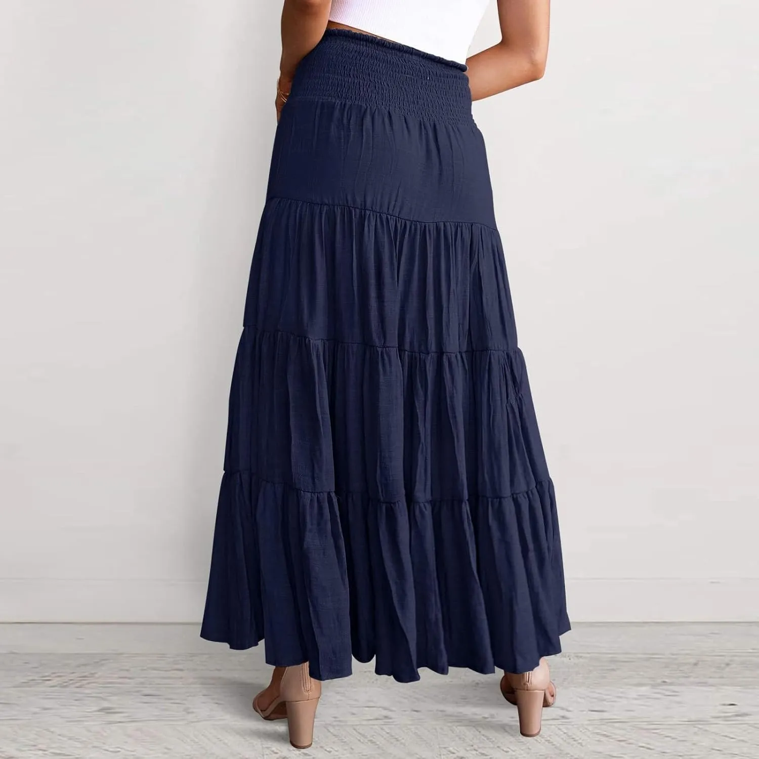 Women's Summer Flowy Boho Maxi Skirt Trendy Drawstring Elastic High Waist Pleated Tiered A Line Beach Long Skirts